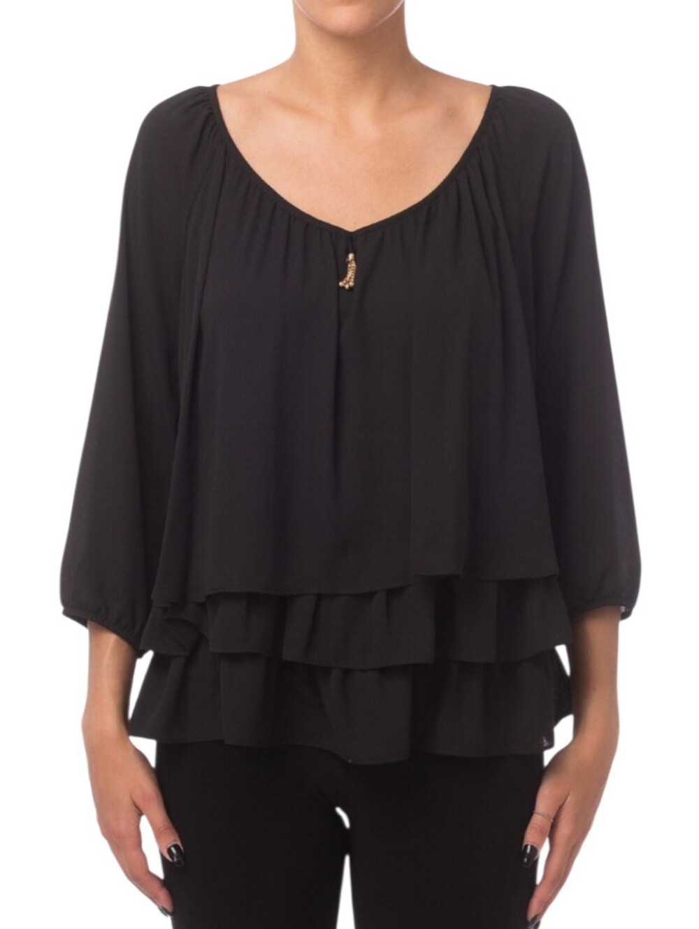 Joseph Ribkoff Women’s Black Ruffle Tiered Chiffon Blouse Size 8